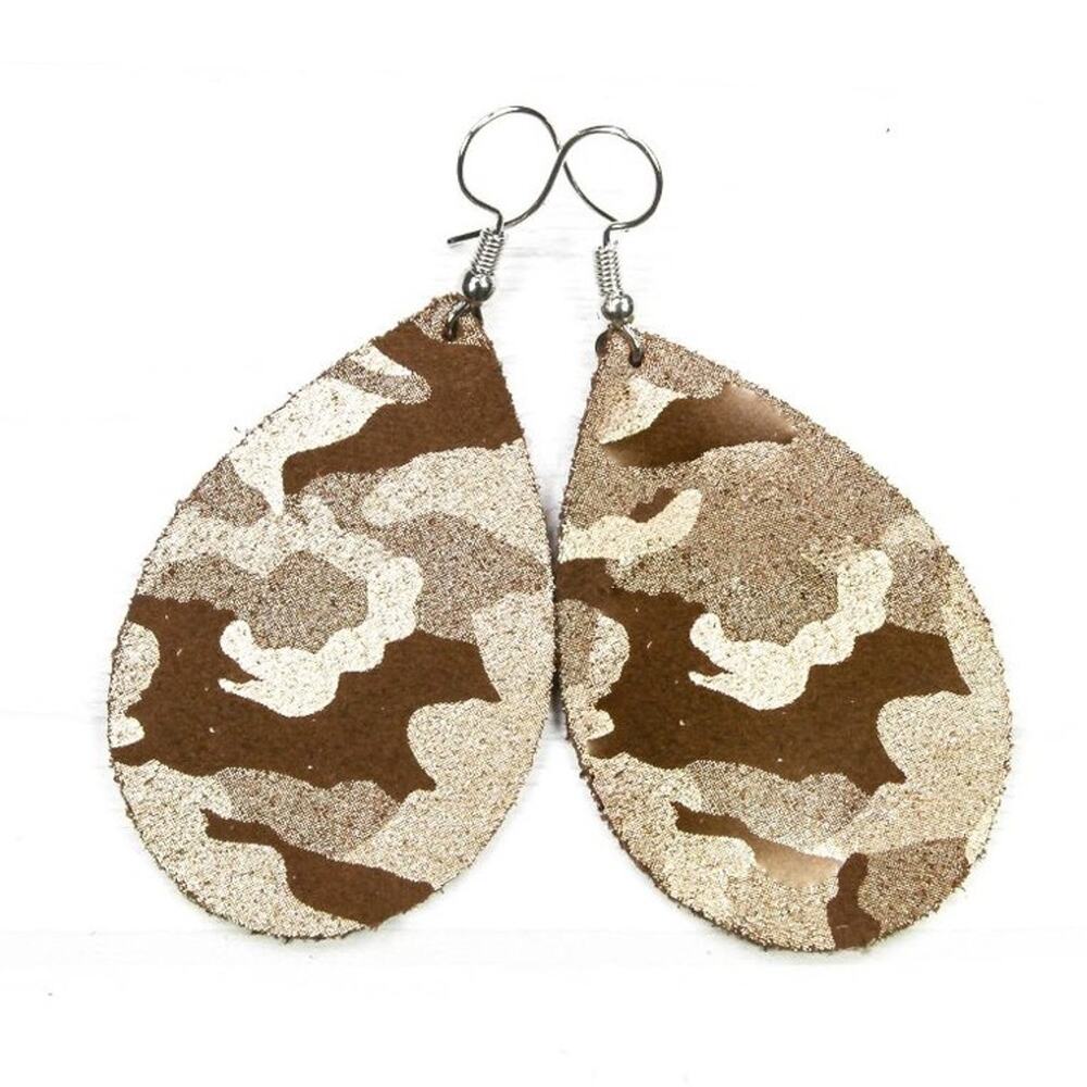 Brown Camo Leather Dangle Earrings